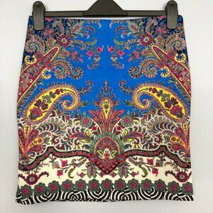 Bebe Mini Skirt Womens M Colorful Deja Vu Paisley Slip On Spandex Blend Stretch
